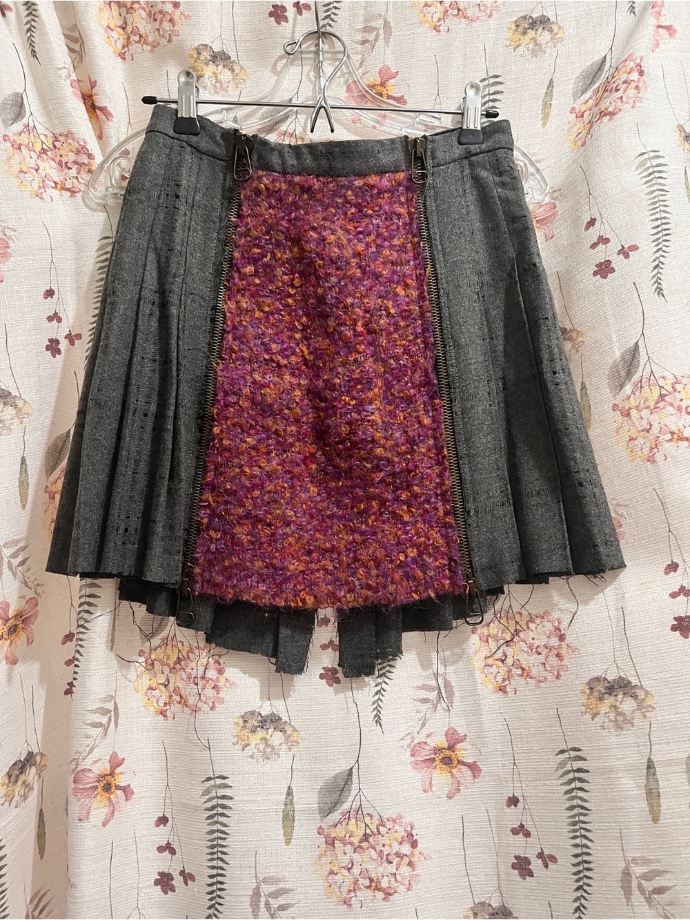 Grey Pleated Mini Skirt with Purple Bouclé Front Panel